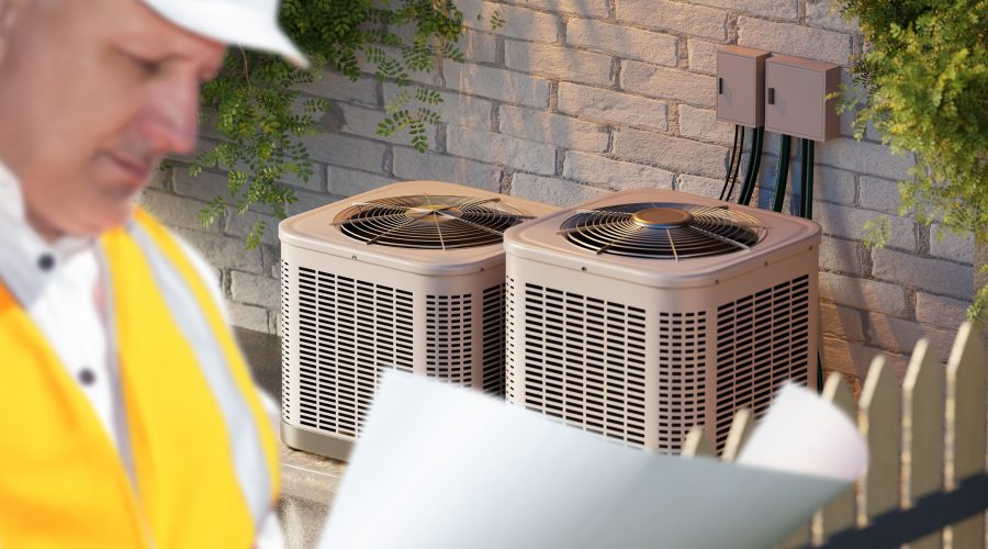 HVAC technician reviewing a residential maintenance plan beside two outdoor AC units in Washington, DC