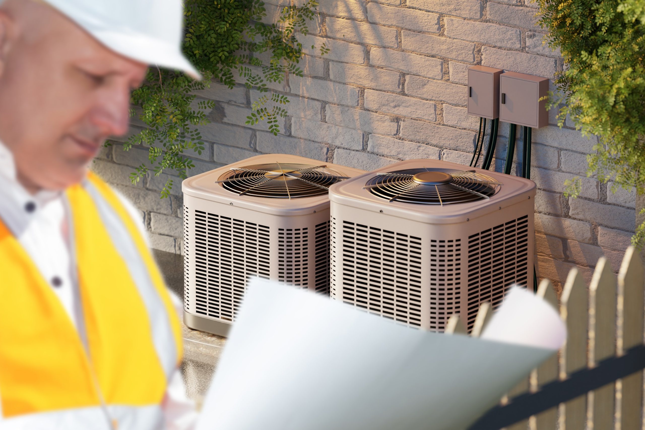 HVAC technician reviewing a residential maintenance plan beside two outdoor AC units in Washington, DC
